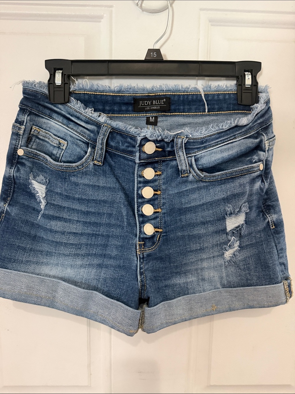 Judy Blue Medium Wash Distressed Button-Front Denim Shorts